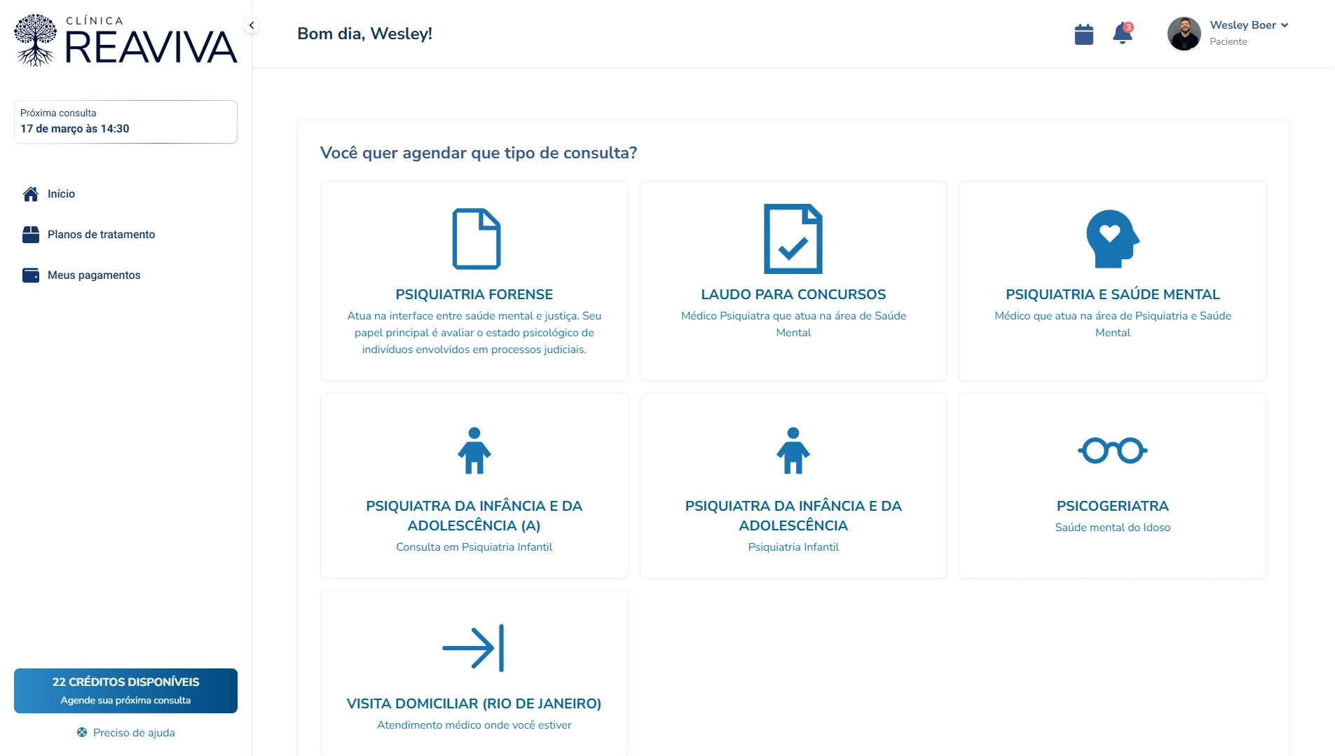 [VISÃO DE PACIENTE] Etapa 2 do fluxo de agendamento, onde o paciente escolhe o tipo de consulta.