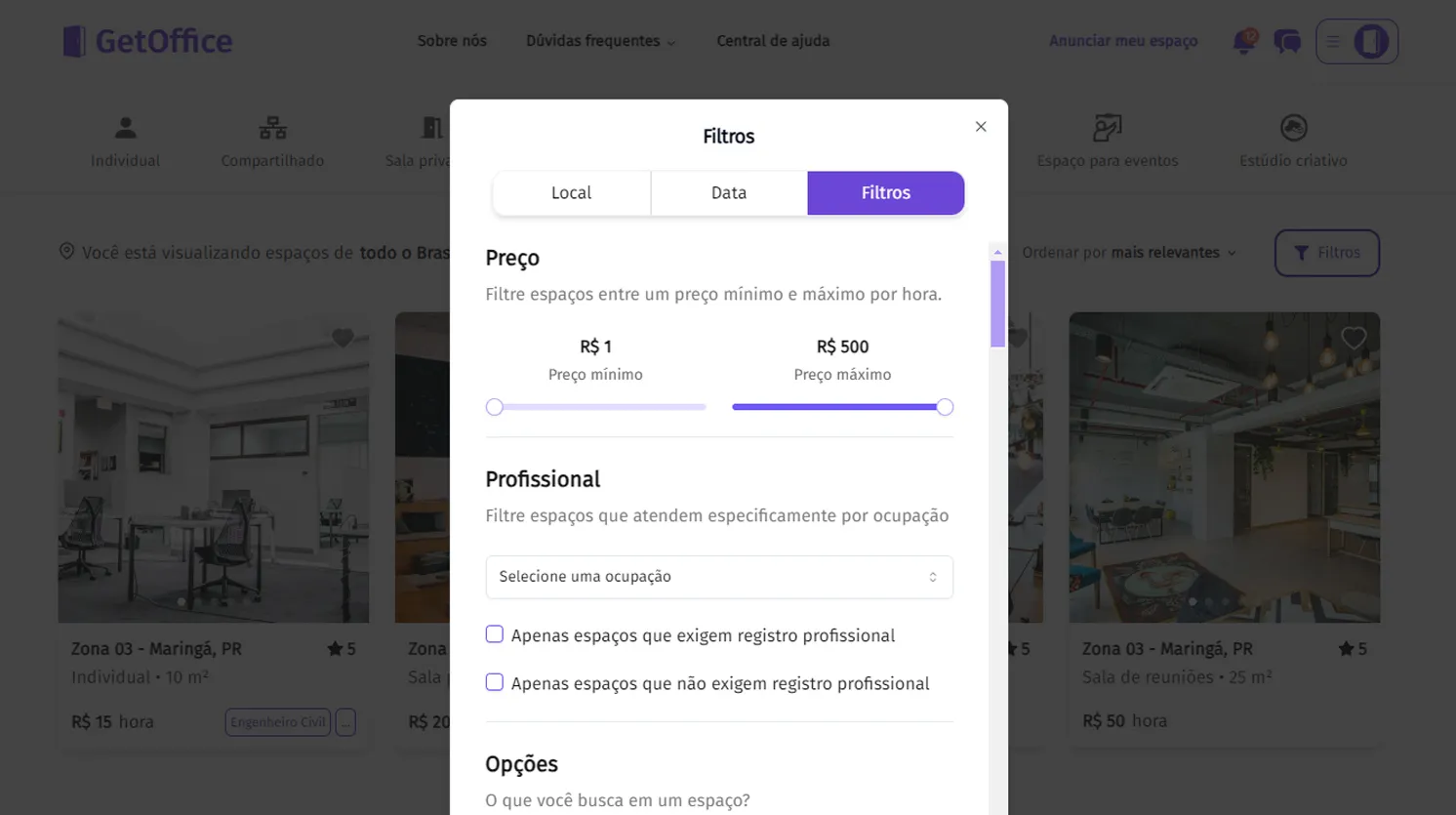 Filtro detalhado de espaços na plataforma.