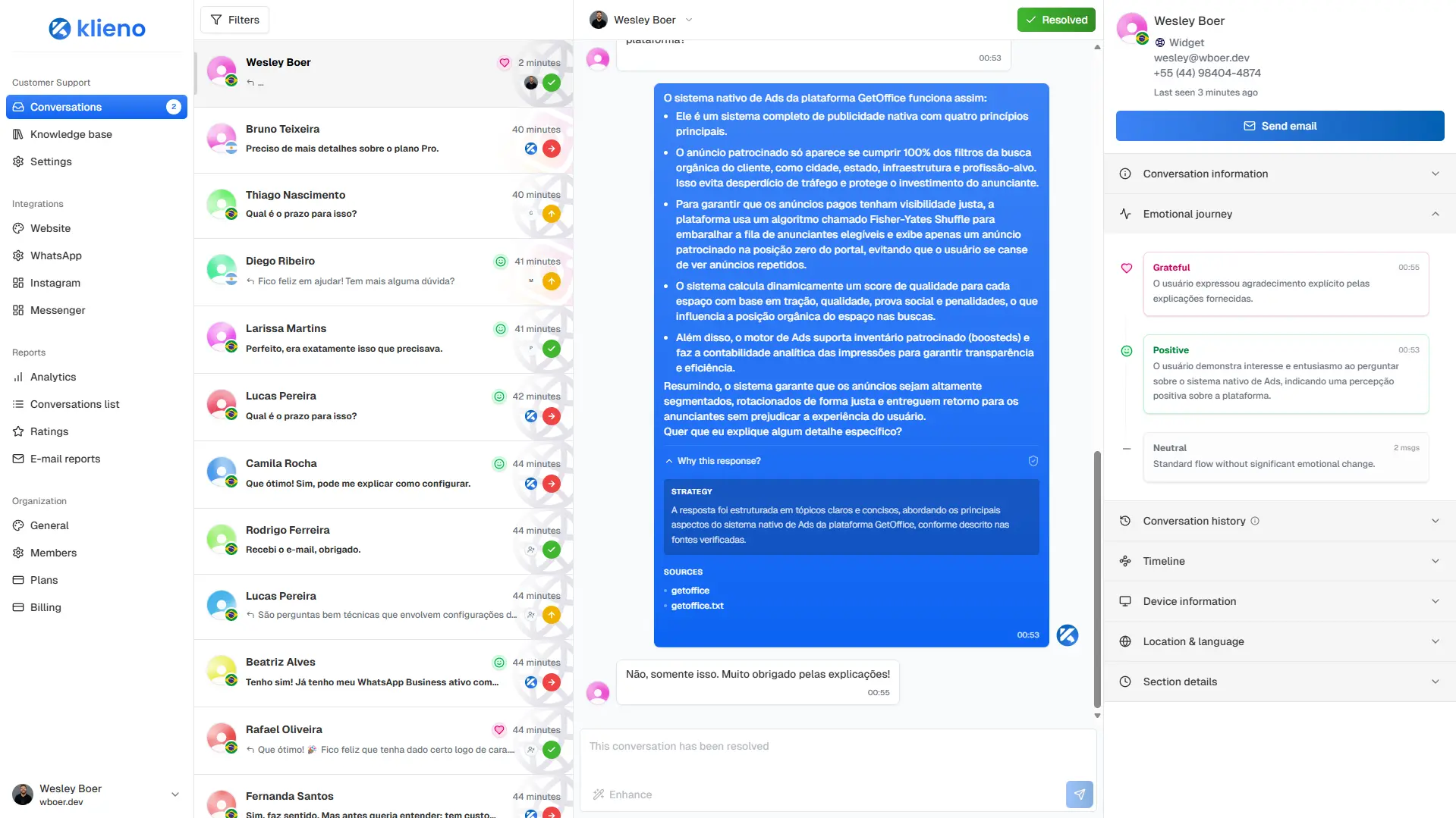 Histórico de emoções do usuário durante a conversa.